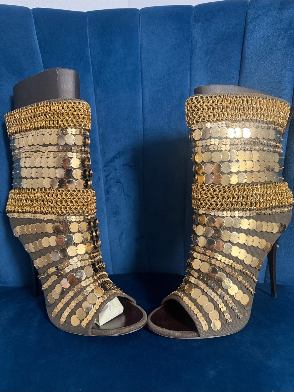 Giuseppe Zanoti Gold Sequin Chainy Peep-Toe High Heel Booties - Women's